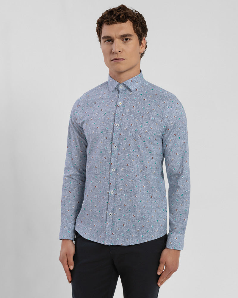Mini Paisley Print Long Sleeve Stretch Shirt