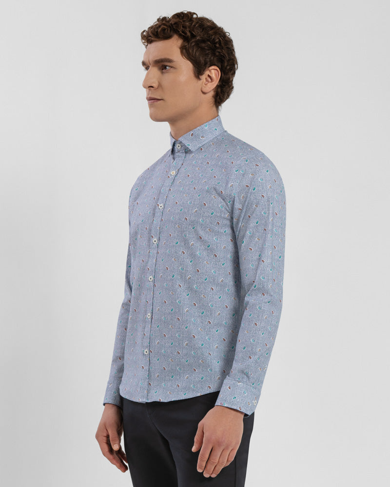 Mini Paisley Print Long Sleeve Stretch Shirt