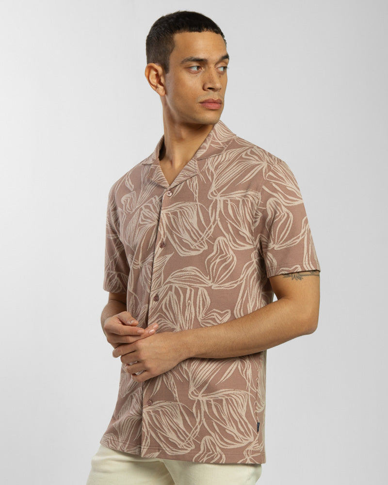 Abstract Palm Leaf Jacquard Short Sleeve Shirt