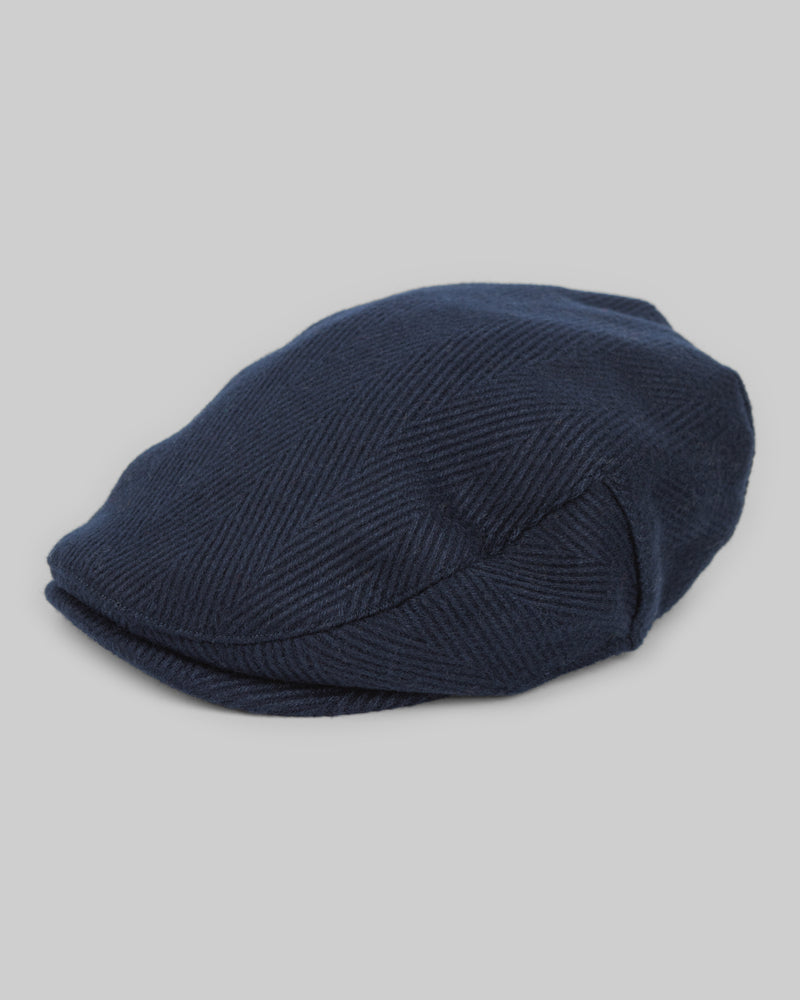 Navy Herringbone Flat Cap