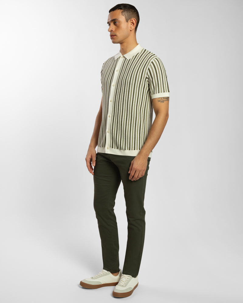 Tonal Stripe Knitted Button Polo Shirt