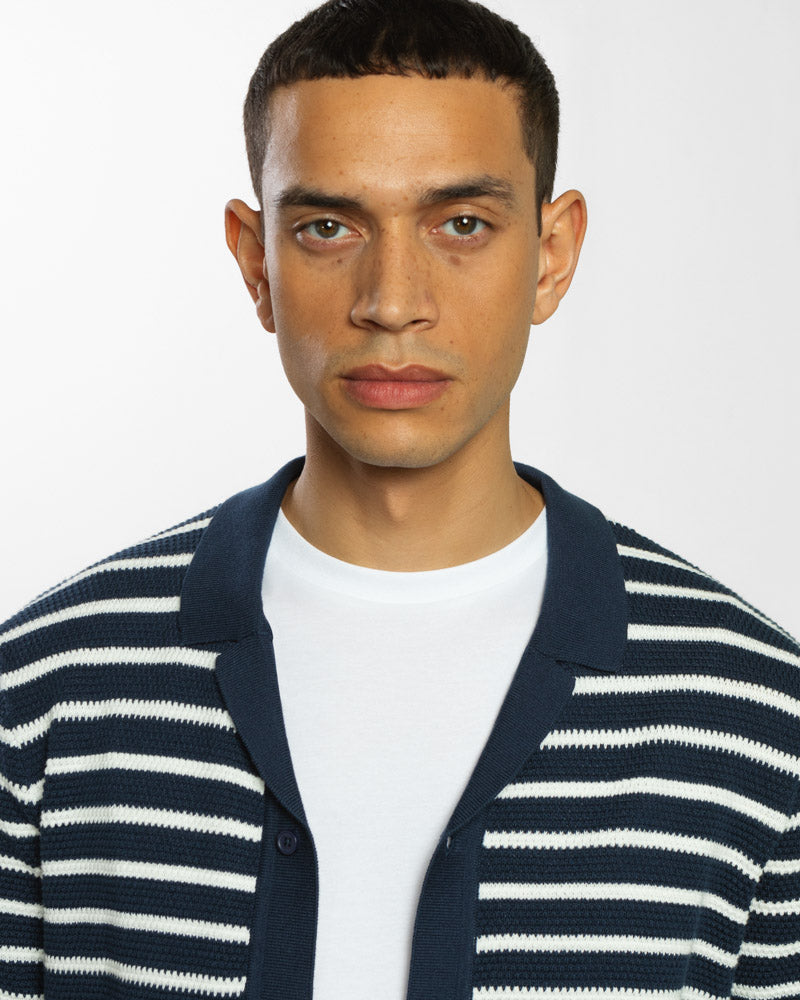 Large Stripe Knitted Button Polo Shirt