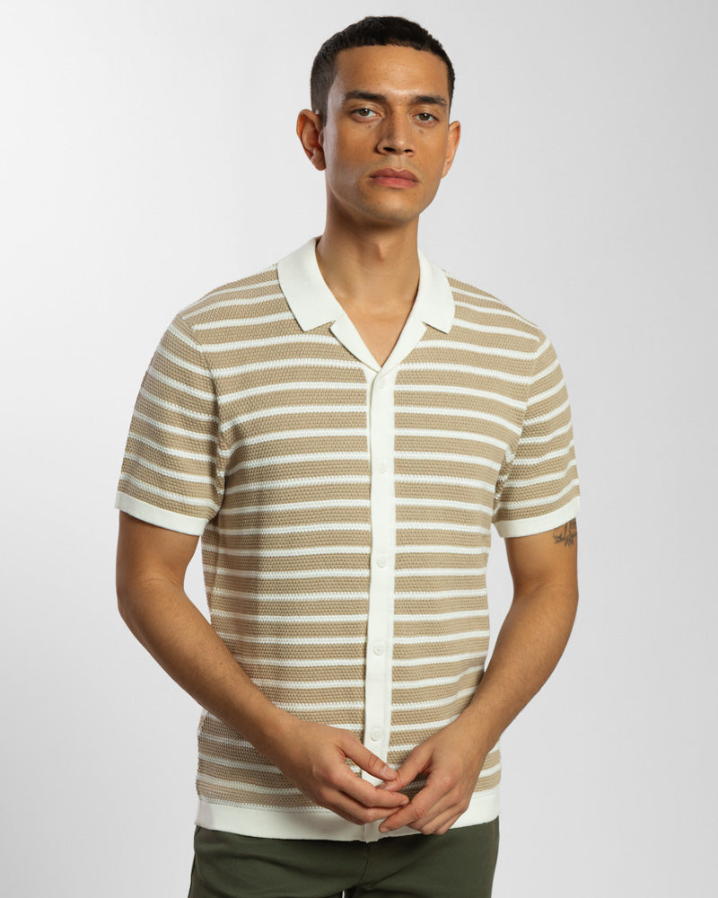 Large Stripe Knitted Button Polo Shirt