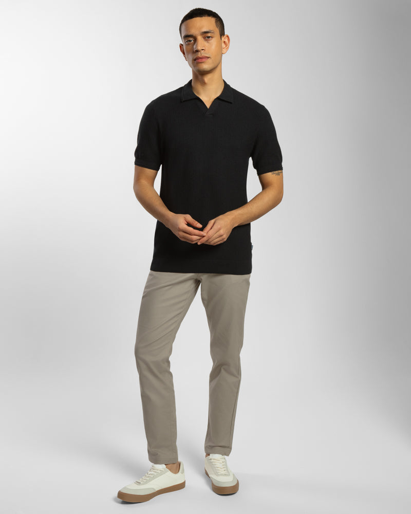 Honeycomb Textured Open Collar Knitted Polo Shirt