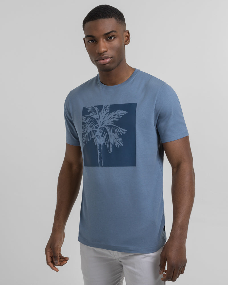 Blue Square Palm Tree Print T-Shirt